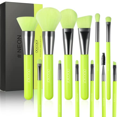 Pinceles de maquillaje Docolor 10 piezas Juego de pinceles de maquillaje profesional verde neón Kabuki sintético de primera calidad para el rubor en polvo facial de mezcla de bases (con caja)