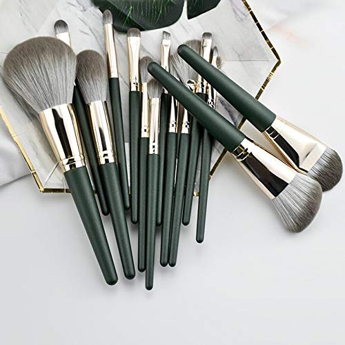 Pinceles maquillaje 14 unids/set verde pinceles de maquillaje conjunto polvo colorete angulada escultura sombra de ojos que resaltador pliegue brocha para cejas y labios