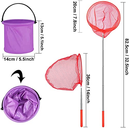 PIQIUQIU Red de Pesca telescópica para niños, 4 Unidades, para Exteriores, 1 Cubo, Extensible y para atrapar Insectos, Pesca, jardín, Piscina, Actividades al Aire Libre