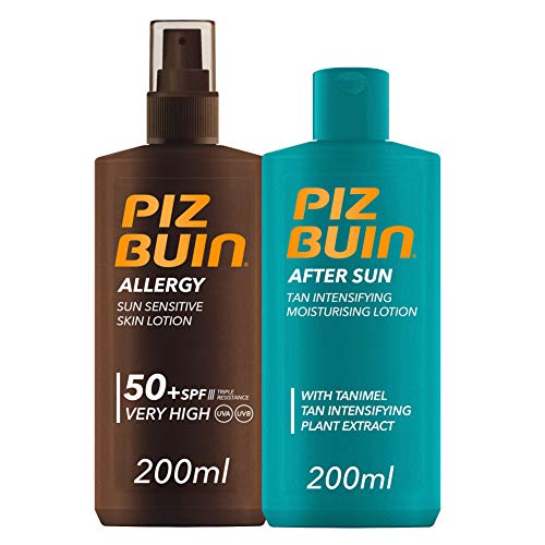 Piz Buin, Allergy, Spray Piel Sensible, SPF 50+, Cuerpo, Protección muy alta,200ml +After Sun Loción Intensificadora del bronceado,200ml