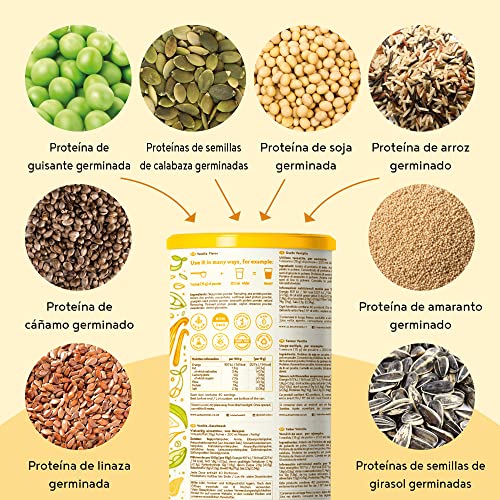 Proteína vegana - VAINILLA - Proteinas vegetal de arroz, guisantes, semillas de lino, amaranto, semillas de girasol y semillas de calabaza germinadas - 600 g en polvo