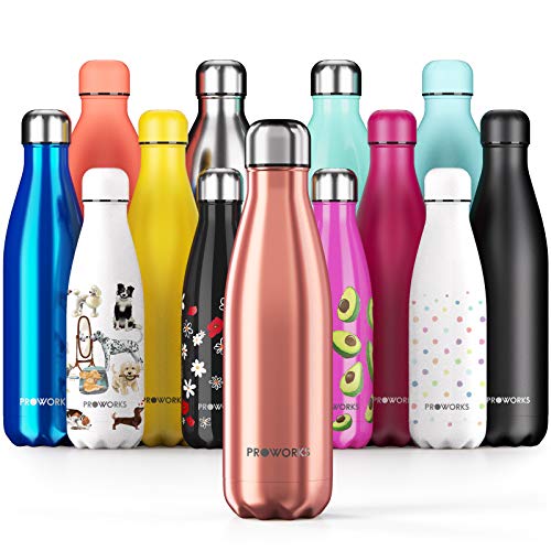 Proworks Botellas de Agua Deportiva de Acero Inoxidable | Cantimplora Termo con Doble Aislamiento para 12 Horas de Bebida Caliente y 24 Horas de Bebida Fría - Libre de BPA - 1L - Cobre