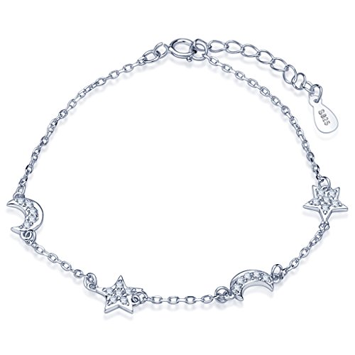 Pulsera de abalorios de plata de ley 925, con circonitas cúbicas, diseño de estrellas y lunas, elegante, cadena de mano ajustable, para mujer, de la marca Infinite U