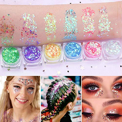 Purpurinas Polvo, Chunky Glitter, Brillo Corporal, Purpurina para Cara Cuerpo,Brillo de uñas,Brillo de Cosméticos de Maquillaje para Festival Música, 12 Colores