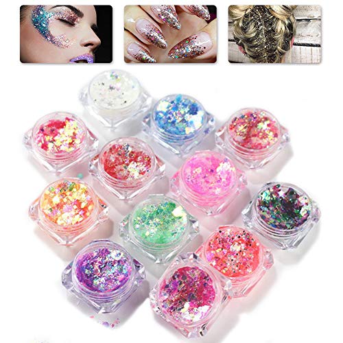 Purpurinas Polvo, Chunky Glitter, Brillo Corporal, Purpurina para Cara Cuerpo,Brillo de uñas,Brillo de Cosméticos de Maquillaje para Festival Música, 12 Colores