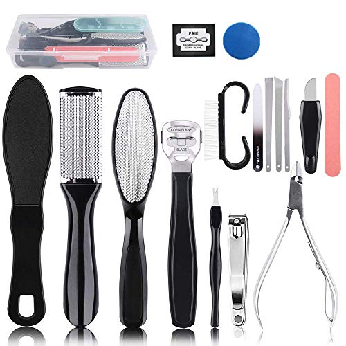 Queta 16pcs Kit de Pedicura Profesional, Herramientas de Cuidado de Pies, Juego de Despegar Piel Muerta y Dura, con Raspador/Removedor de Callos/Escofina de Pedicura y Manicura