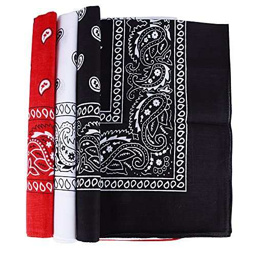 QUMAO Pack de 3 Pañuelos Bandanas de Modelo de Paisley para Cuello/Cabeza Multicolor Múltiple 100% Algodón para Mujer y Hombre (Pack de 3; Negro&blanco&rojo)