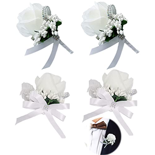 Ramilletes Bodas 4pcs Boutonniere de Boda Ramillete Muñeca Flor de Muñeca Boda Pulsera Flor Muñeca Boutonniere Artificial Ramillete de Rosa de Flores para Boda Novia Novio Padrinos de Boda Chica