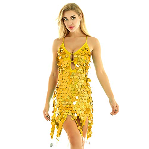 ranrann Vestido de Baile Latino Lentejuelas para Mujer Traje de Salsa Rumba Samba Cha Cha Cuello Halter Vestido Baile de Salón Fiesta Dancewear Amarillo Talla Única