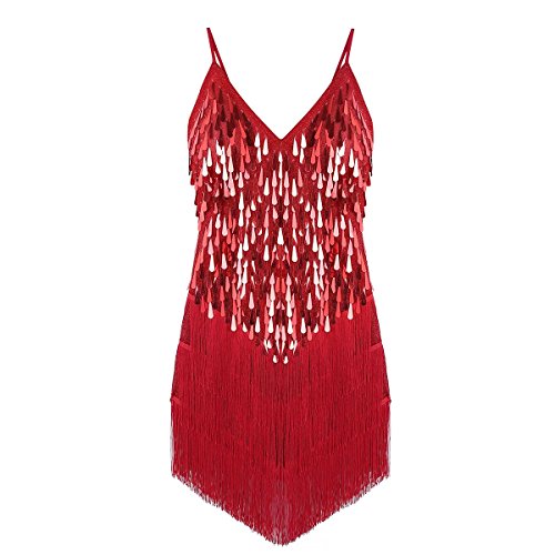 ranrann Vestido de Baile Latino Lentejuelas para Mujer Vestido Flecos de Danza Tango Rumba Salsa Samba Traje de Actuación Fiesta Baile de Salón Rojo One_Size