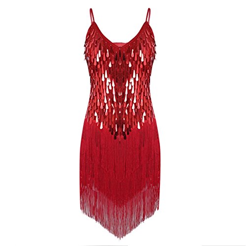 ranrann Vestido de Baile Latino Lentejuelas para Mujer Vestido Flecos de Danza Tango Rumba Salsa Samba Traje de Actuación Fiesta Baile de Salón Rojo One_Size