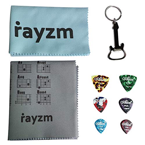 Rayzm Paño de pulido para tabla de acordes de guitarra, Paño limpio de guitarra de microfibra simple, 6 púas de celuloide para guitarra, abridor de botellas de cerveza