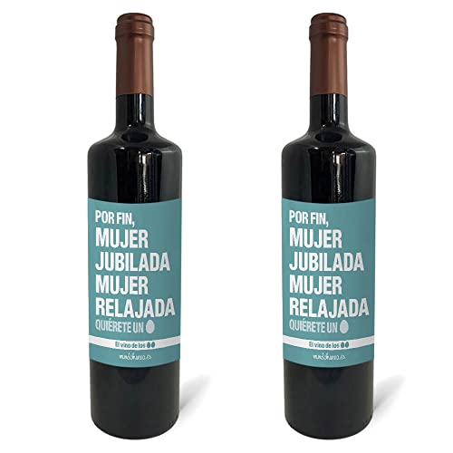 Regalo original. 2 Botellas de vino tinto Mujer jubilada, mujer relajada. 75cl.