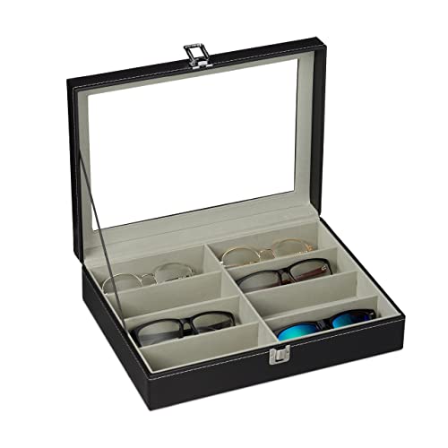 Relaxdays Caja Gafas con 8 Compartimentos, Organizador, 1 Ud, Cuero Sintético-Cristal, 8,5 x 33,5 x 24,5 cm, Negro