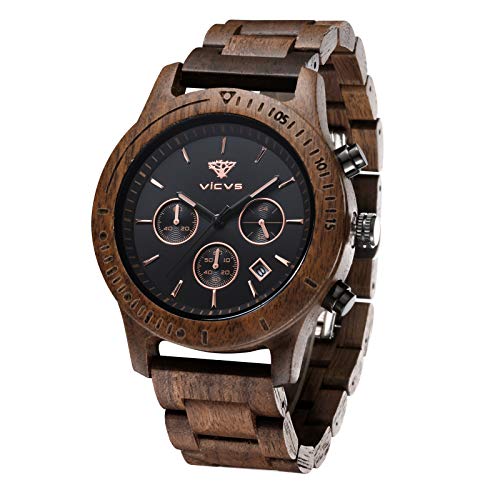 Reloj de Madera VICVS para Hombre, sándalo japonés, multifunción, Rojo/Negro Natural con cronógrafo Deportivo Militar (Walnut)