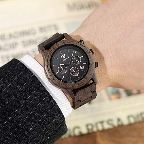 Reloj de Madera VICVS para Hombre, sándalo japonés, multifunción, Rojo/Negro Natural con cronógrafo Deportivo Militar (Walnut)