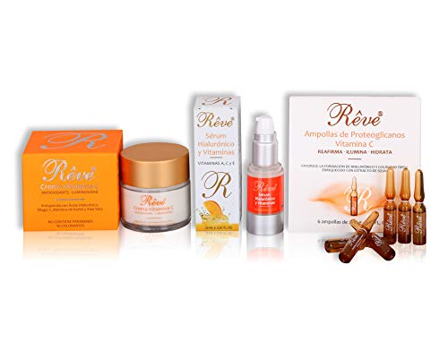 REVE pack - Crema Facial Vitamina C + Sérum Hialurónico y Vitaminas A, C y E + 6 Ampollas Proteoglicanos - Antioxidante, Luminosidad, Hidratación - Día y Noche - Crema 55 ml + Sérum 20ml + 6 Ampollas