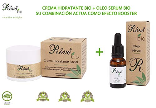 REVE pack Crema Hidratante Facial Bio + Óleo Sérum Bio - Hombre y Mujer, Día y Noche - Combinados consigue un efecto booster - apto para veganos y pieles sensibles.