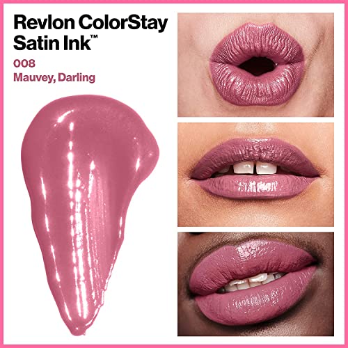 Revlon Lápiz labial líquido de tinta satinada ColorStay, colorantes de labios intensos, formulado con aceite de semilla de grosella negra, 008 Mauvey, Darling.