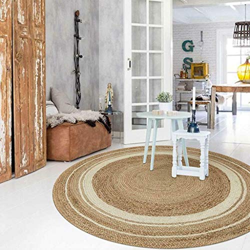 Ripaz - Alfombra de yute natural trenzada a mano de fibra natural hecha a mano (redonda de 120 cm de diámetro, beige + borde blanco roto)