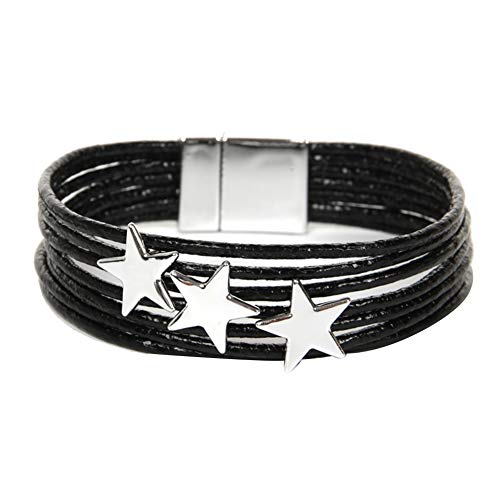 RIsxffp Pulseras Mujer, Boho Mujeres Multi-Capa Círculo Estrella Faux Leather Bracelet Brazalete magnético Brazalete Black