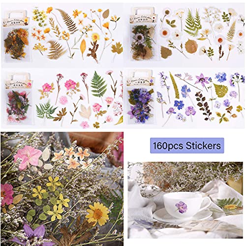 RisyPisy 160 Piezas Naturales Pegatinas, Florales y Plantas Stickers, Varias Pegatinas de Formas Especiales para Manualidades, Bullet Journal, Cuadernos, Portátiles, Teléfonos Móviles, Calendarios