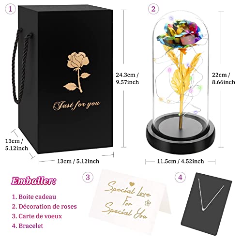 Rosa Eterna, Rosa Bella y la Bestia Artificial de Kit Eterna Rosas Cúpula de Cristal con Base Luces LED Original Aniversario Pareja Cumpleaños Regalos del día de la Madre para Mujer Madre Amiga