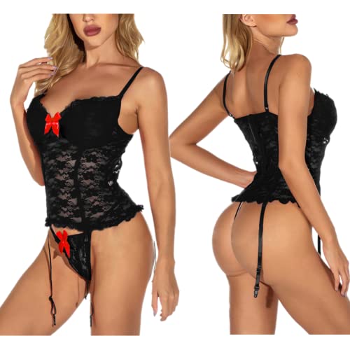 ROSAA Conjunto Lencería para Mujer,Body Sexy,Corsé Disfraz,Babydoll de Encaje Transparente Sujetador Push up y Tanga,Ropa Dormir Tirantes Ajustables y Liguero para Cosplay Pareja Femenina(Negro) (XL)