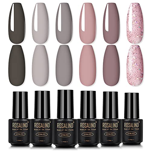 ROSALIND Esmaltes Semipermanentes, 6 Colores Gris y Rosa Oscuro Pintauñas Semipermanente Kit de Esmalte de Uñas en Gel UV LED 7ml