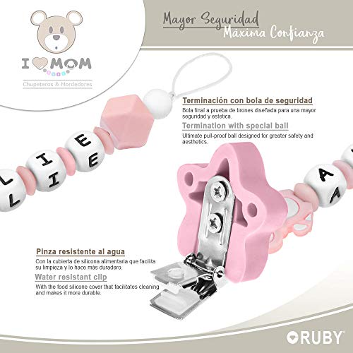 RUBY - Chupetero Personalizado ILOVEMOM para Bebé con Nombre Bola Antibacteriana con Pinza de Acero Inoxidable cubierta de Silicona (Rosa Pastel-hx)