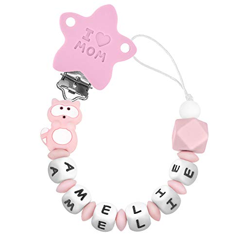 RUBY - Chupetero Personalizado ILOVEMOM para Bebé con Nombre Bola Antibacteriana con Pinza de Acero Inoxidable cubierta de Silicona (Rosa Pastel-hx)