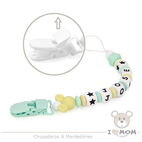 RUBY - Chupetero Personalizado para Bebe con Nombre Bola Silicona Antibacteriana con Pinza de Plástico, Chupetero Mickey (Menta)