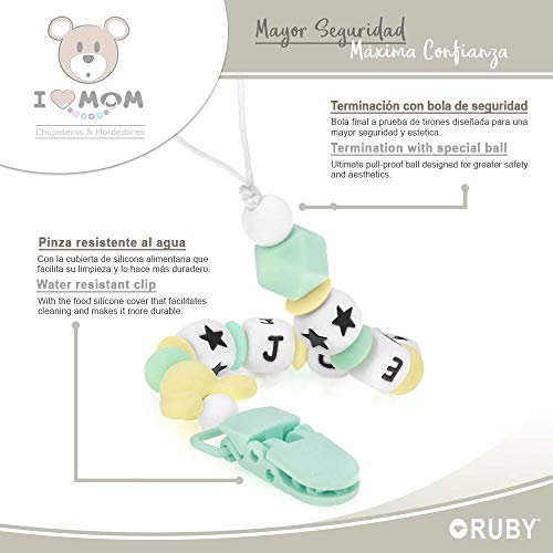 RUBY - Chupetero Personalizado para Bebe con Nombre Bola Silicona Antibacteriana con Pinza de Plástico, Chupetero Mickey (Menta)