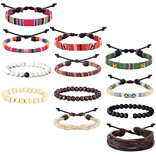 sailimue 12 Piezas Pulsera Cuero Piedra para Hombre Mujer Pulsera Trenzada Cuerda de Lino Madera Pulsera Etnica Tibetana Ajustable