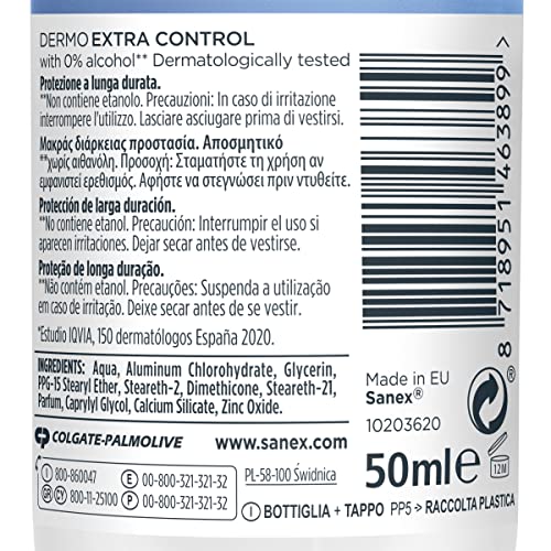 Sanex Dermo Extra Control, Desodorante Hombre o Mujer, Desodorante Roll-On, Pack 6 Uds x 50 Ml