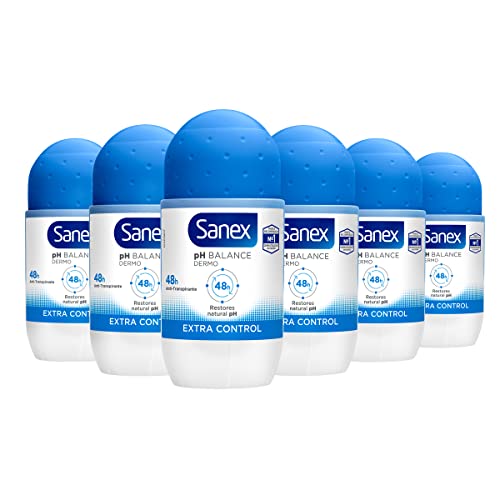 Sanex Dermo Extra Control, Desodorante Hombre o Mujer, Desodorante Roll-On, Pack 6 Uds x 50 Ml