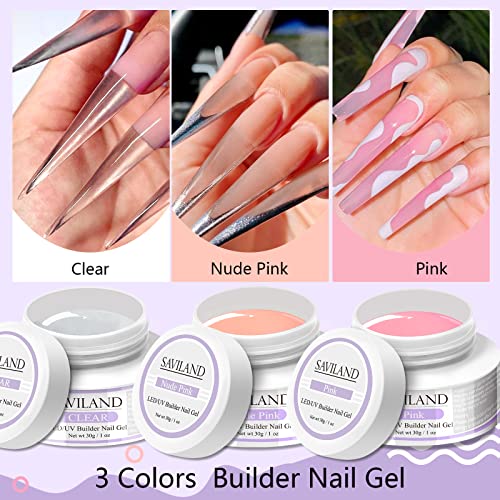 Saviland Builder Nail Gels Kit de uñas - 3PCS * 30g Clear Nude Pink Hard Gel para uñas Set de gel de extensión con 15ml Base Top Coat, 100pcs Formas de uñas y cepillo de uñas