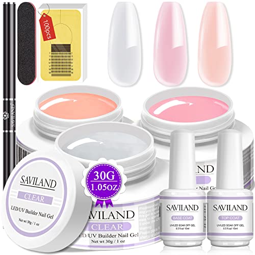 Saviland Builder Nail Gels Kit de uñas - 3PCS * 30g Clear Nude Pink Hard Gel para uñas Set de gel de extensión con 15ml Base Top Coat, 100pcs Formas de uñas y cepillo de uñas