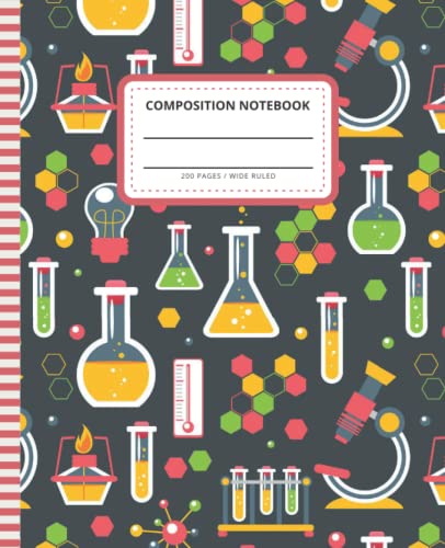 Science Composition Notebook: 7.5 x 9.25 inch / 200 Pages (100 sheets) / Wide Ruled Paper For Writing - Homework - Notes - Doodles - Homeschool / Back ... / Colorful Chemistry Biology Pattern on Black