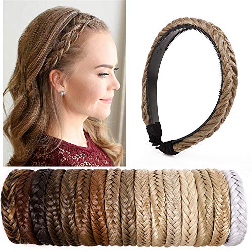 SEGO Extensiones de Cabello Diadema Trenzada Elástica Mujer Pelo Sintético Se Ve Natural Accesorios Fishtail Braided Hair Headband Head Hoop [Castaño Claro/Rubio Ceniza]