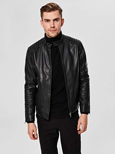 SELECTED HOMME Slh R-03 Racer Leather Jkt W Noos Chaqueta, Negro (Black), Medium para Hombre