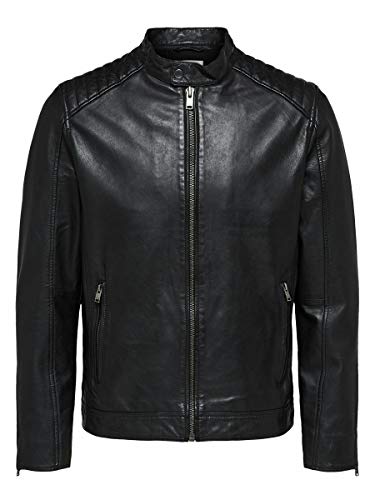 SELECTED HOMME Slh R-03 Racer Leather Jkt W Noos Chaqueta, Negro (Black), Medium para Hombre