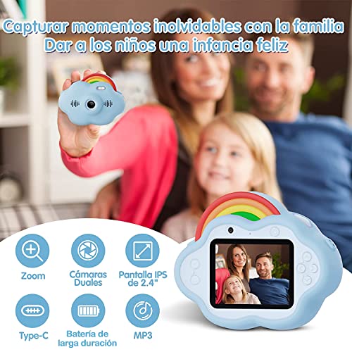 Selvim Cámara Digital para Niños, 1080P 2.4" Selfie Vídeo Cámara Infantil con Fíltro Interesante, con Tarjeta TF de 32GB, Música y Juego, Regalo para niños, Diseño Original de Nube Arco Iris, Azul