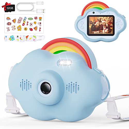 Selvim Cámara Digital para Niños, 1080P 2.4" Selfie Vídeo Cámara Infantil con Fíltro Interesante, con Tarjeta TF de 32GB, Música y Juego, Regalo para niños, Diseño Original de Nube Arco Iris, Azul