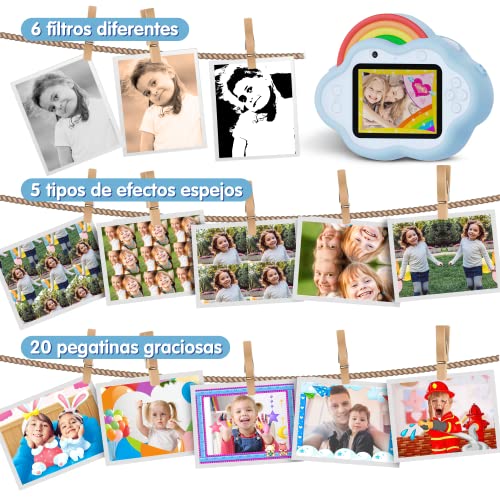 Selvim Cámara Digital para Niños, 1080P 2.4" Selfie Vídeo Cámara Infantil con Fíltro Interesante, con Tarjeta TF de 32GB, Música y Juego, Regalo para niños, Diseño Original de Nube Arco Iris, Azul