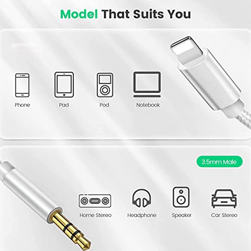 SER FLYMON Adaptateur de câble de Voiture auxiliaire Jack mâle 3,5 mm Compatible Avec iPhone 13/12/11/XS Max/XR/X/8/7 Plus Compatible Avec Tous Les systèmes iOS, 1M-Argent