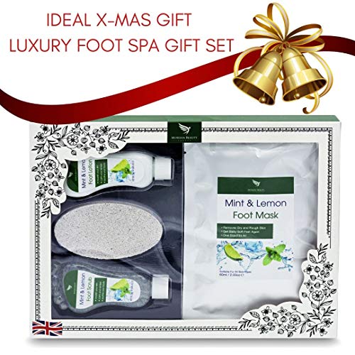 Set Regalo Mujer Juego de Regalo de Pedicura Para el Cuidado de los Pies - Caja Spa Para Mimar Tus Pies | Exfoliante Para Pies de Menta y Limón, Loción Para Pies, Máscarilla para pies, Piedra Pómez