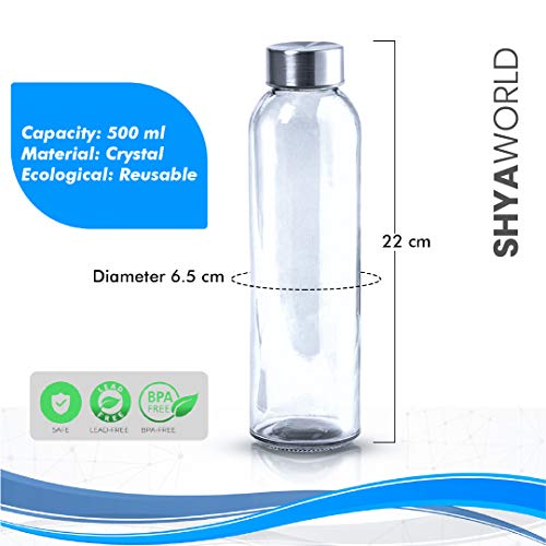 ShyaWorld Botella De Cristal para Agua Cuerpo de Acabado Transparente Tapón a Rosca en Acero Inoxidable. Cajas Individuales por Botella. (Azul, 500ml (1PCS))