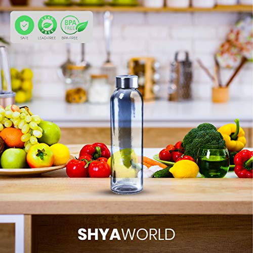 ShyaWorld Botella De Cristal para Agua Cuerpo de Acabado Transparente Tapón a Rosca en Acero Inoxidable. Cajas Individuales por Botella. (Azul, 500ml (1PCS))