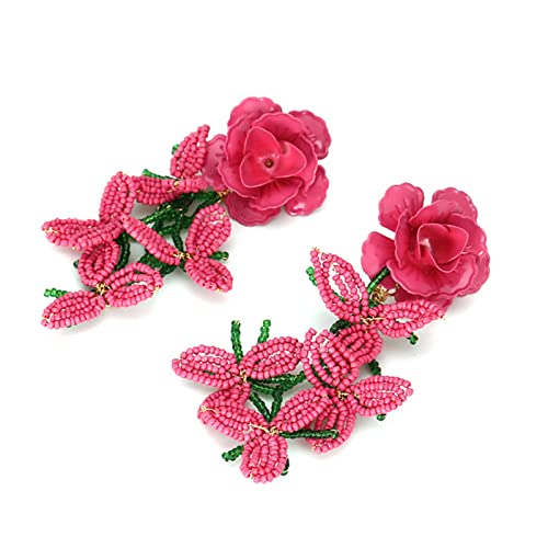 Sichuan roja Flor cuelga Perla Perla Pendientes Hechos a Mano Tejido Tassel declaración Femenino Fiesta joyería para Mujeres niña Damas Lindo Rojo Flor aretes para Mujer niña Flor cuelga Gargle